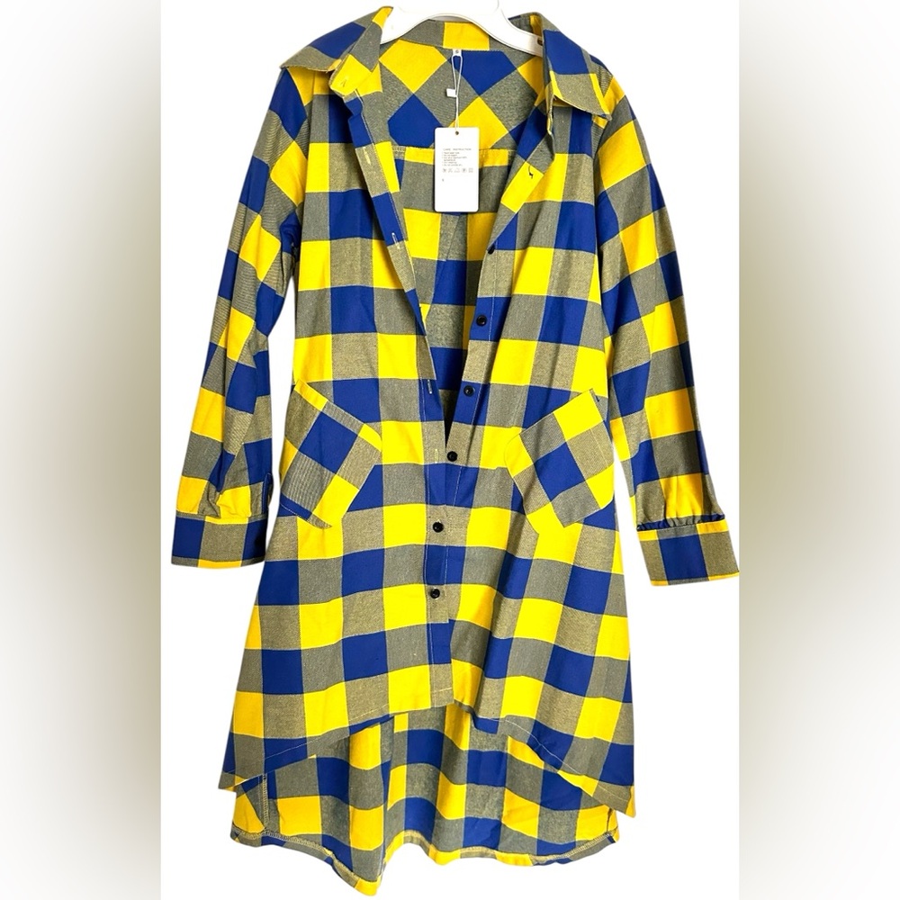 Yellow and Blue Checkered Women's Button Down Tunic Shirt (3)